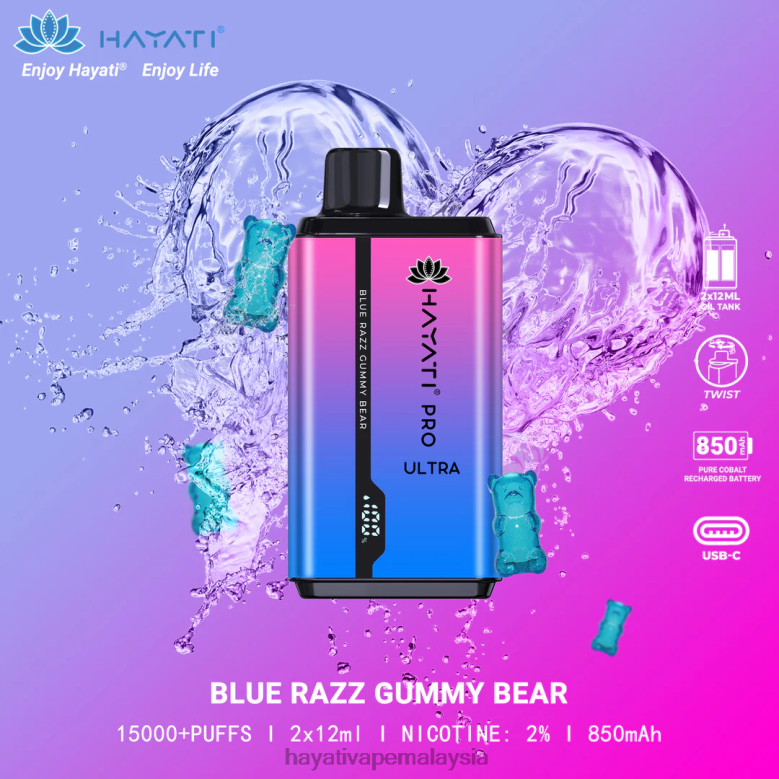 Hayati Pro Ultra pakai buang 15000 sedutan blue razz gummy bear 82Z4B194 Hayati Vape Liquid