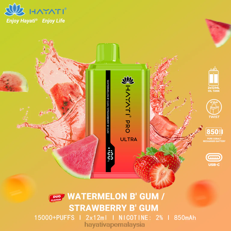 Hayati Pro Ultra pakai buang 15000 sedutan bubblegum tembikai/bubblegum strawberi 82Z4B227 Hayati Vapes Wholesale