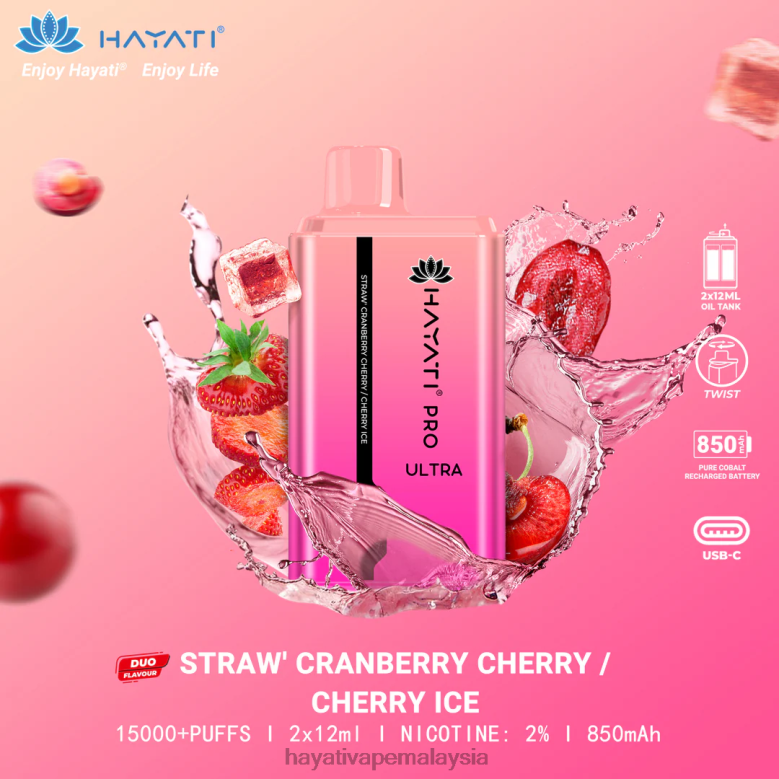 Hayati Pro Ultra pakai buang 15000 sedutan strawberi cranberry ceri-ceri ais 82Z4B225 Hayati Vape Review